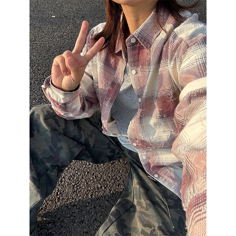 新款现货 牛仔长袖格子衬衫100棉成衣水洗上衣 CS323-P45图片