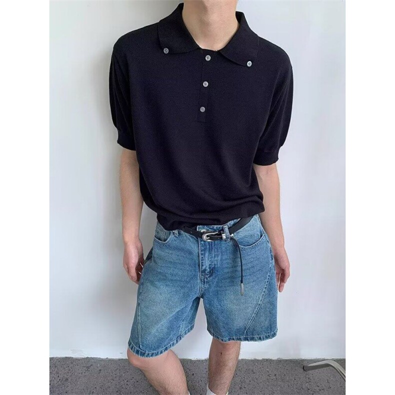 MDAG美式复古金属扣翻领短袖T恤polo衫男女夏季宽松休闲百搭上衣,男装T恤,四季星座505