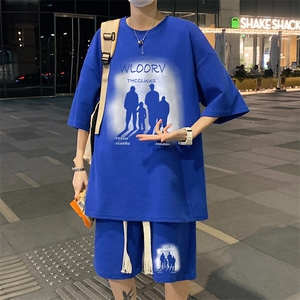 套装！夏季华夫格套装男T恤短裤男两件套大码港风TZ50-P50图片