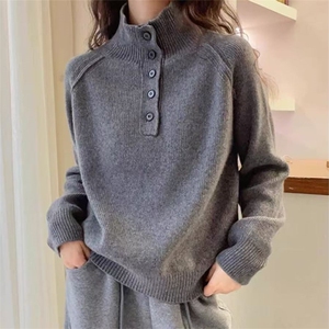 2025春款通勤百搭扣子立领仿羊毛针织衫图片