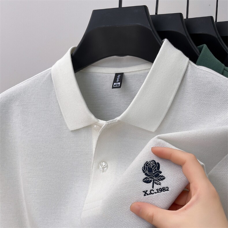 玫瑰刺绣短袖t恤男翻领夏季高端纯棉宽松polo衫半袖男装上衣服潮,男装T恤,电商B212（原钱塘6029）