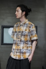 新中式风格纹晕染风铜扣短袖衬衫立领盘扣唐装衬衣30502，男装衬衫，星座305A（原312A-1）