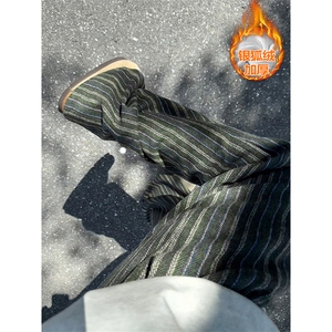 保暖复合银狐绒呢料男宽松条纹直筒休闲裤K5680J加绒-特P48控88图片