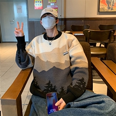 冬款日系拼色提花圆领毛衣男高街潮牌宽松情侣针织衫M1140-P50，男装针织衫/毛衣，星座512-2