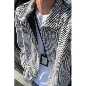 小香风黑白条纹夹克男秋季肌理感潮牌长袖衬衫美式复古针织衫外套图片