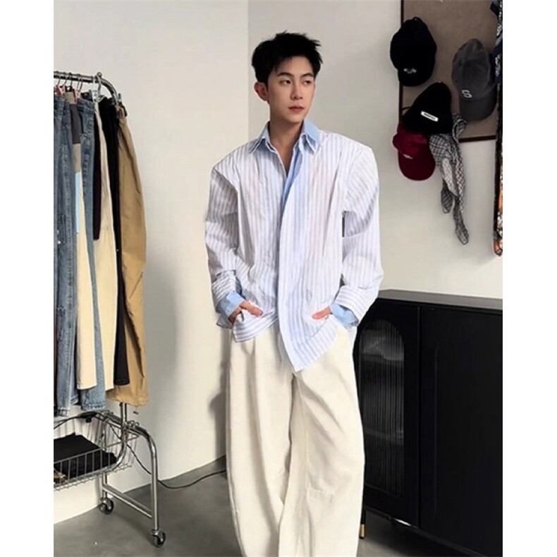 条纹拼接假两件衬衫男秋季学院风度假痞帅宽松防晒衬衣C01,男装防晒衣,星座1116A（原606A-3）