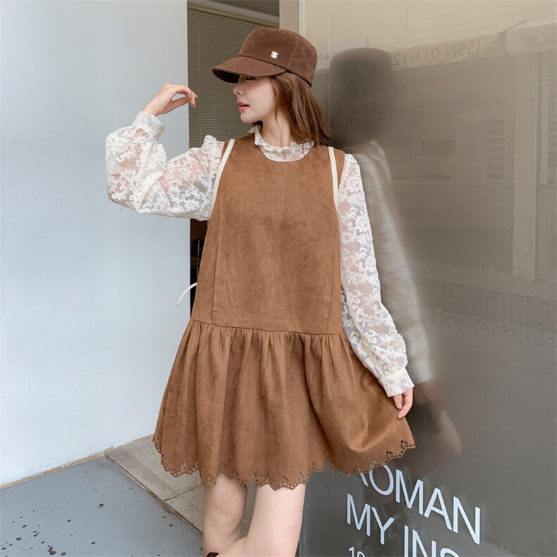 现货--焦糖色麂皮绒裙+蕾丝小衫两件套203-9513-P165-K238，女装套装/套裙，帛锦泉