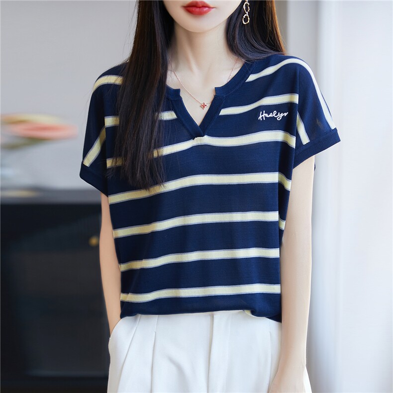 半开V领莱赛尔天丝针织短袖T恤女条纹拼色刺绣上衣宽松半袖打底衫,针织衫/毛衣,唐诺