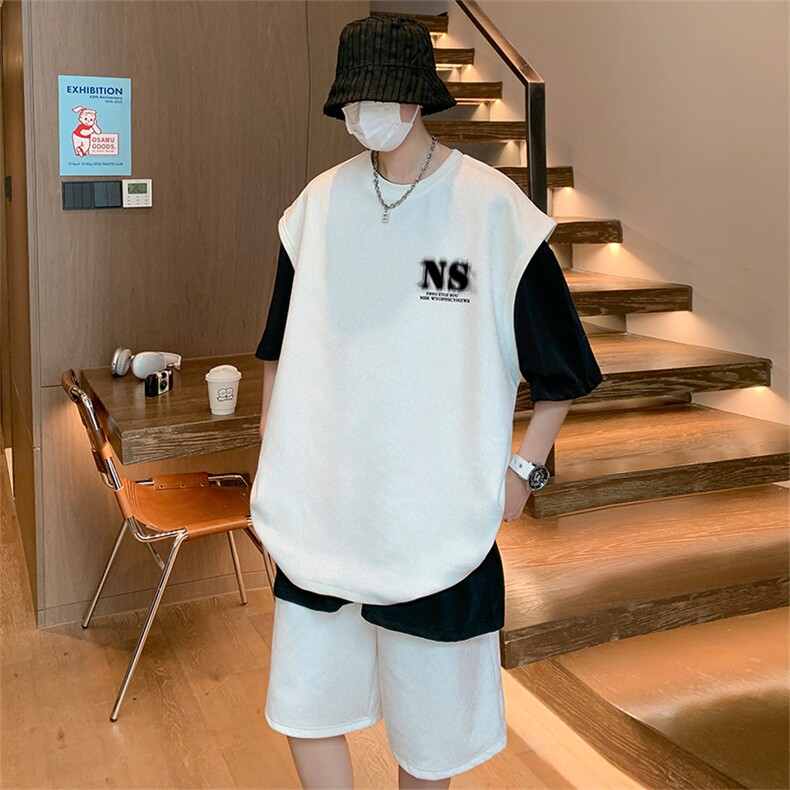 直播美式麂皮绒宽松背心无袖t恤短裤大码两件套套装TZ30-P58,男装T恤,电商A486