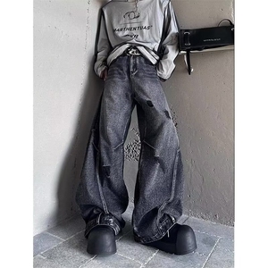 小众设计洗水割破解构弯刀老爹牛仔裤美式复古阔腿拖地长裤男,男装牛仔裤,四季星座505