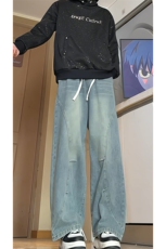 拼接设计感水洗弯刀牛仔裤男秋季新款vibe直筒裤子-A1427TP48控88，男装牛仔裤，电商B241