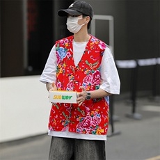 MJ03大花休闲男士风盘扣马甲大码花坎肩团队服喜庆婚礼服潮男，男装背心/马甲，星座115A(原星座507）