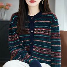 2025年秋季新款百搭女士圆领长袖提花针织开衫，女装针织衫/毛衣，暖圣羊羊绒