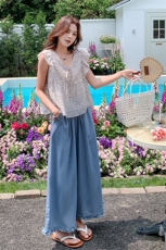 甜美减龄荷叶边V领上衣套装女2025年夏季新款松弛感阔腿裤两件套，女装套装/套裙，浙宝220