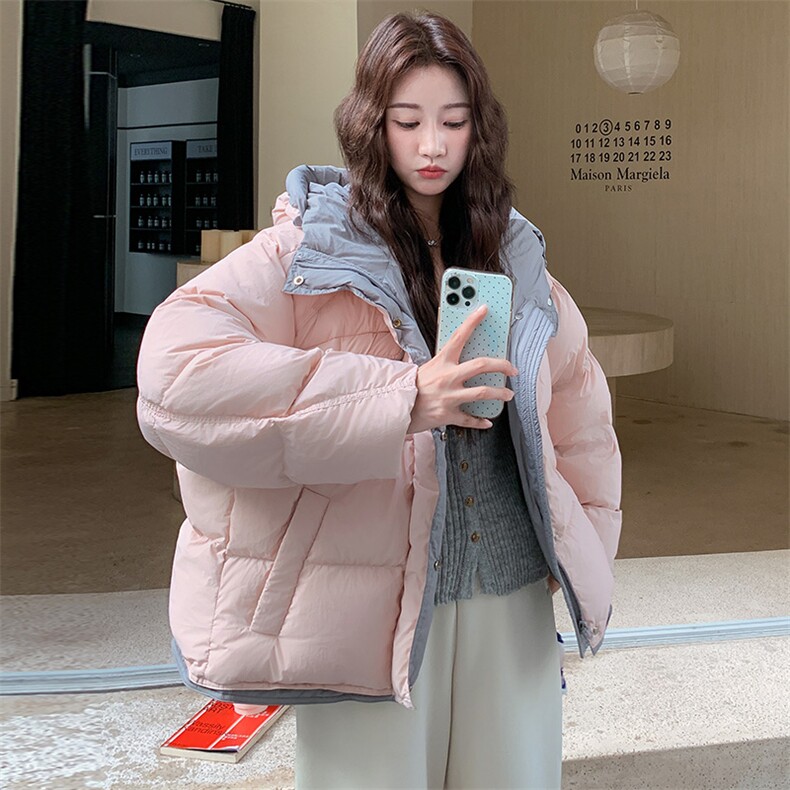 50%白鸭绒粉色撞色拼接连帽羽绒服外套2C317A-8535-P245-K358,女装羽绒服,2C317A