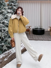 黄色大翻领羊羔毛拼接羽绒服女冬季2025新款小个子短款加厚派克服，女装羽绒服，慧尚依恋
