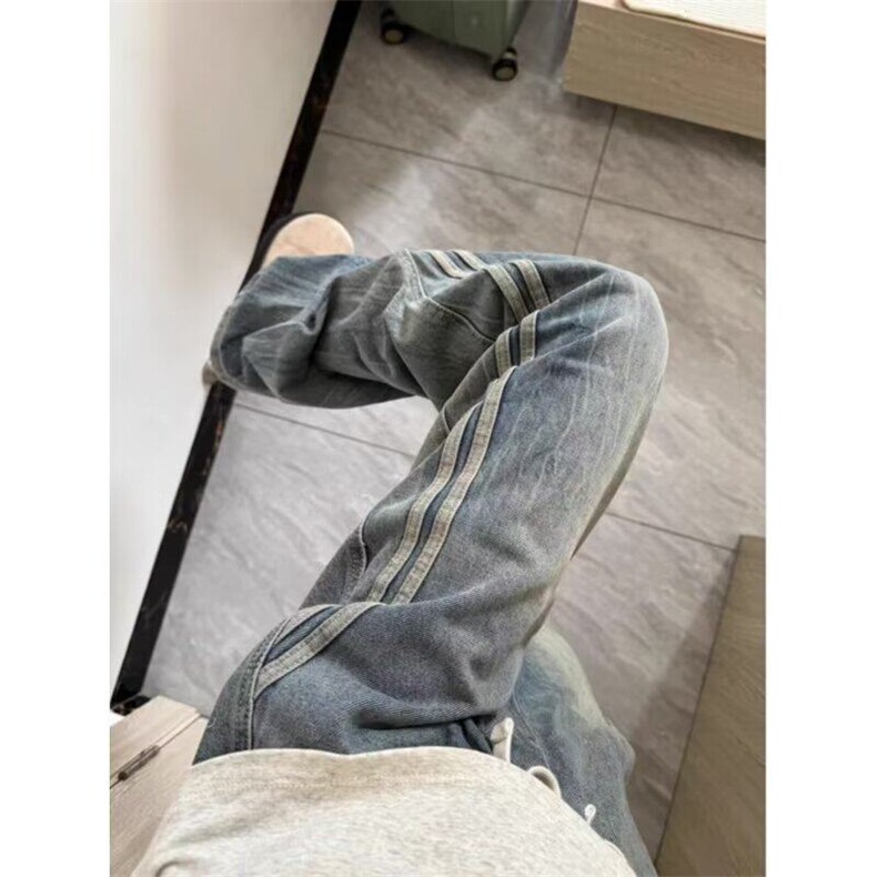 复古水洗条纹拼接牛仔裤男新款美式痞帅设计感弯刀裤LY6099-p43图片
