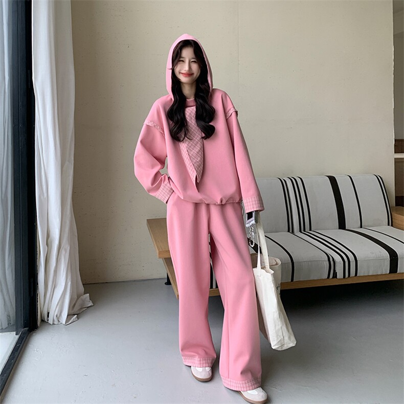 新款大货2026时尚粉色格子拼接卫衣套装女/M2606P190K308,女装套装/套裙,2C268
