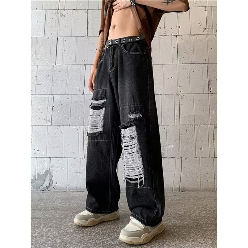 设计感街头复古宽松阔腿水洗破洞牛仔裤男女直筒裤潮牌NT1685-p48，男装牛仔裤，星座1008