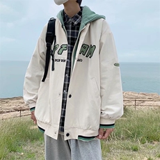 潮牌假两件连帽外套男生春秋ins潮流字母印花工装夹克WT8030-p65，男装夹克，星座1008-1