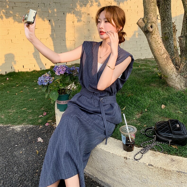 休闲牛仔麻料马甲半身裙套装女夏2025新款爆款高级感巨好看两件套,女装套装/套裙,2C255