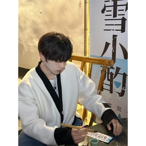 解构白色条纹开衫毛衣外套男潮高级感领针织衫美式上衣 MY9234图片