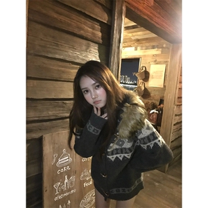 重磅北极绒座山雕大毛毛领毛衣外套冬美式复古休闲慵懒风针织开衫图片