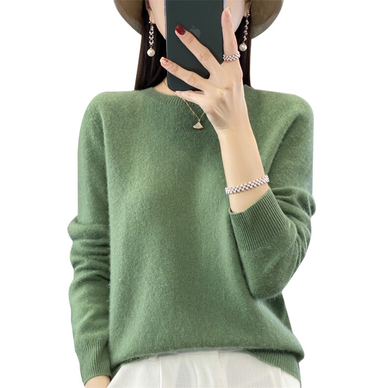奢华质感澳洲羊毛衫女圆领一线成衣套头打底毛衣针织衫外搭,女装羊毛衫,鲁菏羊绒