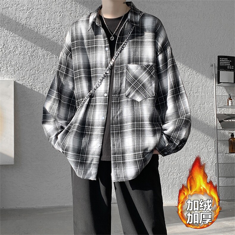 加绒衬衫男冬季新款港风宽松磨毛格子长袖衬衣JR06-特P35，男装衬衫，星座214-3
