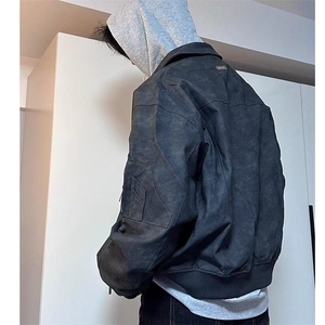 扎染皮衣外套男美式复古高街水洗上衣春秋款潮牌痞帅炸街夹克图片