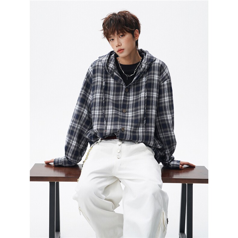 美式复古连帽格子衬衫大码慵懒风高级感长袖衬衣薄外套LC308特P38，男装衬衫，电商B215