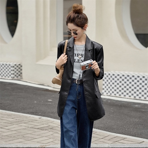 西装皮衣女款2025新款春秋咖色小个子阔版宽松PU机车服皮夹克外套图片