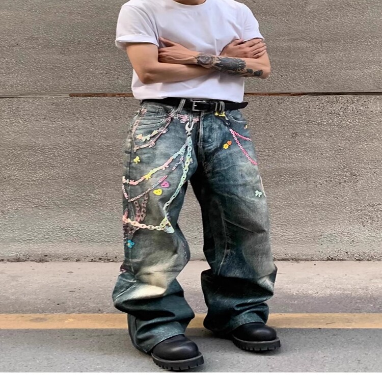小众设计糖果链条印花蓝色牛仔裤男款水洗做旧潮流宽松直筒休闲裤,男装牛仔裤,星座218-8