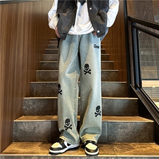 k1063-p55-控78M-5XL立体印花港风高阶宽松牛仔裤微喇，男装牛仔裤，星座116