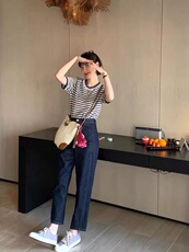 时尚蓝莓紫条纹短袖精纺仿羊毛针织衫显瘦百搭女款上衣，女装针织衫/毛衣，雪真羊绒