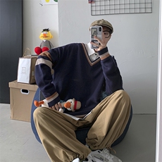 秋装港风针织衫V领长袖毛衣JK宽松外套情侣慵懒风中性W08/P65，男装针织衫/毛衣，电商A221A