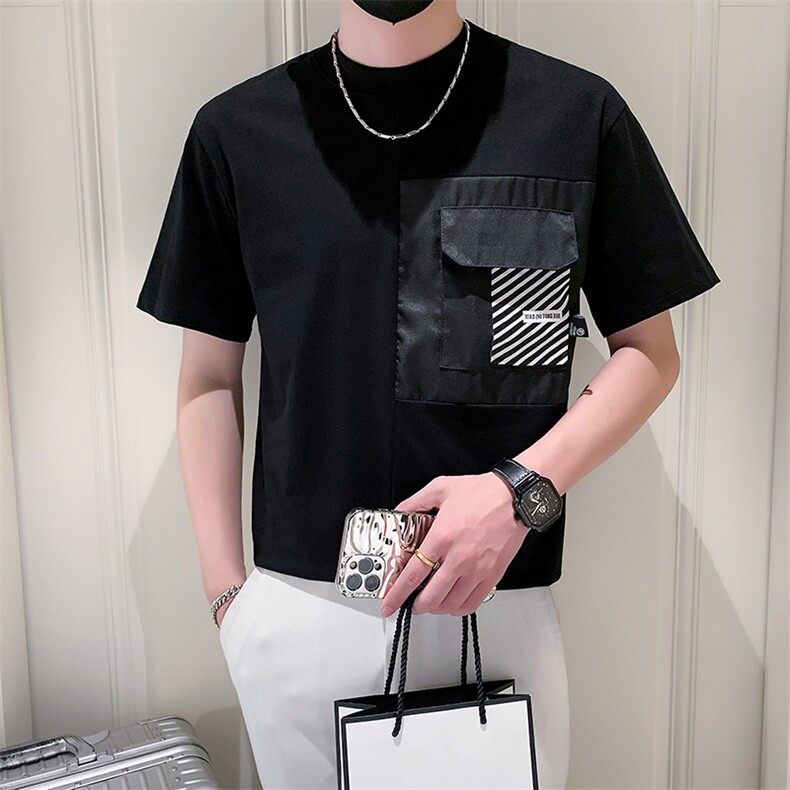2025新款夏季短袖T恤男设计感潮流口袋纯棉体恤A313-1-67031-P45,男装T恤,电商A313-1
