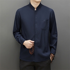 春季唐装中老年亚麻衬衫爸爸装礼服喜公公立领棉麻衬衣MJ22882-75，男装衬衫，星座1105-3