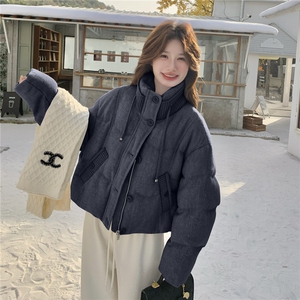 现货立领短款羽绒服女2026冬季新款针织拼接时尚洋气外套90白鸭绒图片
