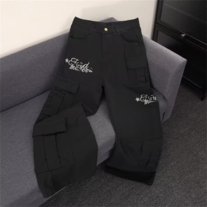 美式复古字母印花多口袋工装裤男女街头宽松直筒百搭裤QK012图片