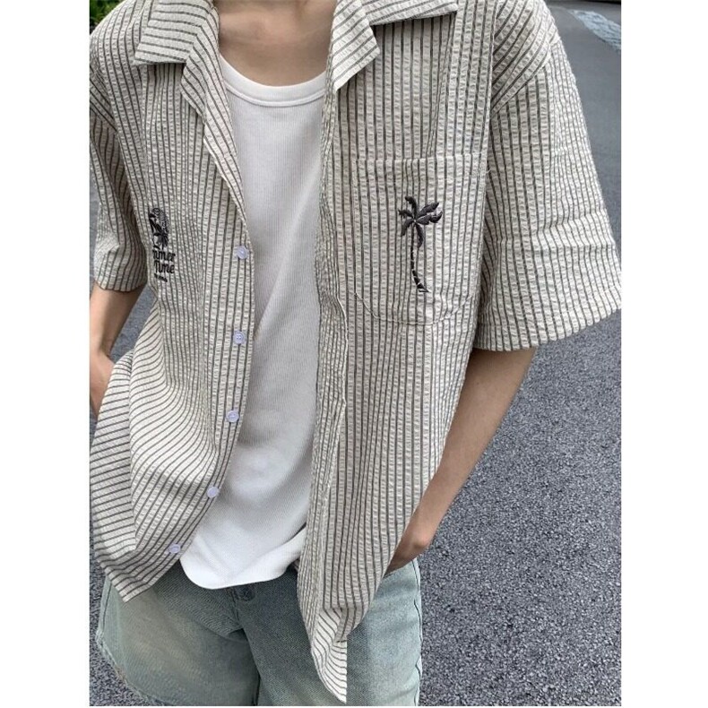 法式条纹短袖衬衫男夏季新款潮流宽松衬衣青少年高街翻领上衣外套图片