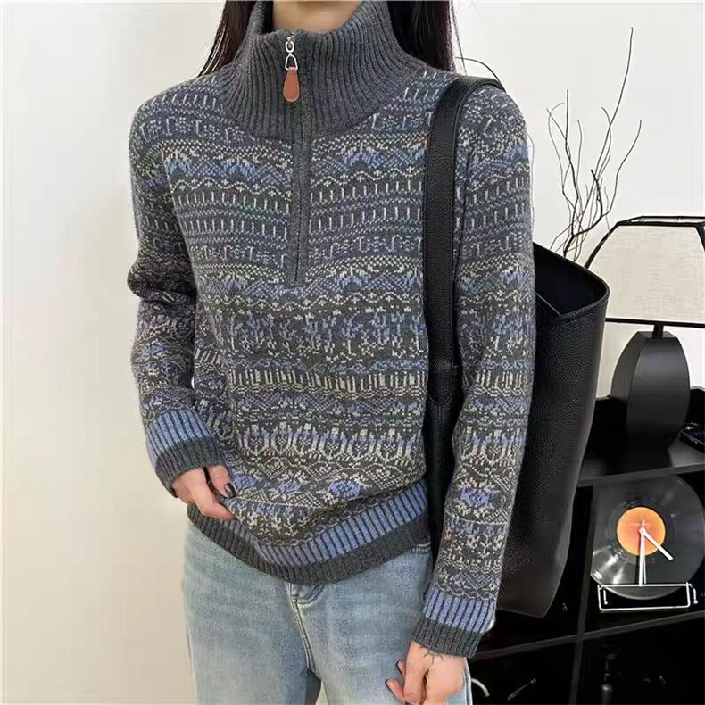 2026年秋季时尚百搭通勤简约休闲半拉链撞色条纹套头，女装针织衫/毛衣，北娇羊绒