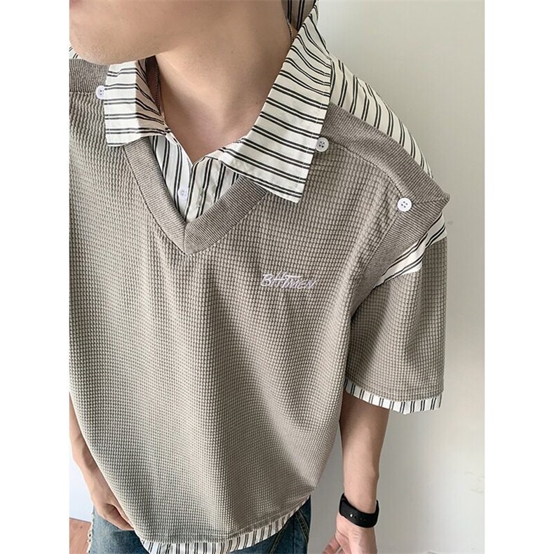 夏季男款假两件条纹衬衣领短袖拼接衬衫T恤时尚潮牌短T图片