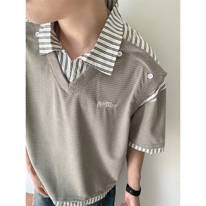 夏季男款假两件条纹衬衣领短袖拼接衬衫T恤时尚潮牌短T图片