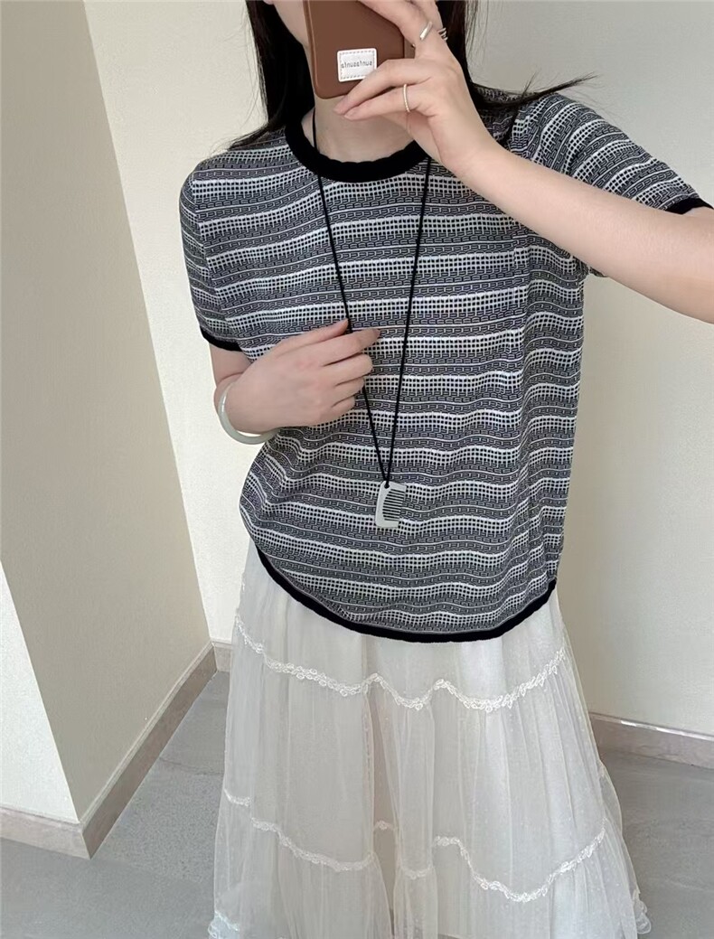 2025百搭时尚天丝黑白配提花圆领，女装针织衫/毛衣，晨旭羊绒