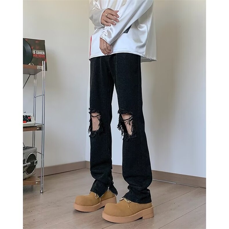 膝盖破洞牛仔裤男潮破美式直筒微喇裤休闲痞帅黑泥裤子男NG18,男装牛仔裤,星座1116A-1（原606A）