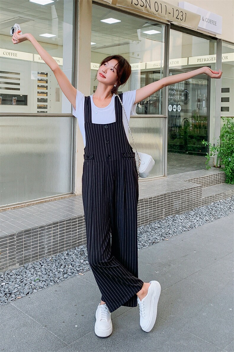 2025夏季新款韩版宽松显瘦条纹背带裤女休闲百搭阔腿连体裤两件套,女装套装/套裙,2C169