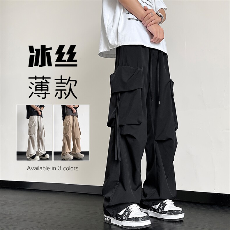 特批P32无差价夏季褶皱冰丝工装伞兵裤男大码束脚阔腿长裤K1212B图片