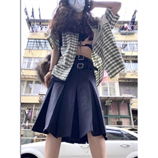 绿白格纹polo领短袖衬衫男女藤蔓刺绣小众中长款上衣CA099，男装T恤，星座1116A（原606A-3）