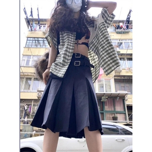 绿白格纹polo领短袖衬衫男女藤蔓刺绣小众中长款上衣 CA099图片